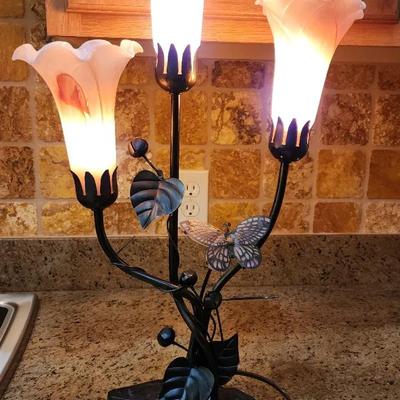 Beautiful Stained Glass Butterfly Lamp, Metal With 3 Bulbs, Pink Glass Shades