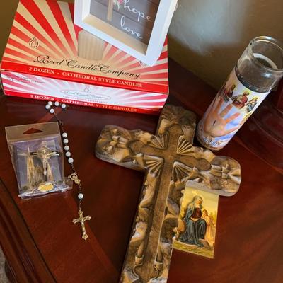 Crosses, Rosary, Devotional Candle, Cathedral Votives, Faith Hope Love Decor