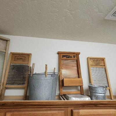 Antique Wash Boards, Pail, And Doll Decor