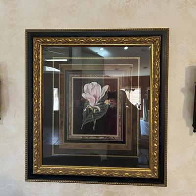 Double Matted Framed Lily Print With Two Crushed Glass Candle Holders And Candles