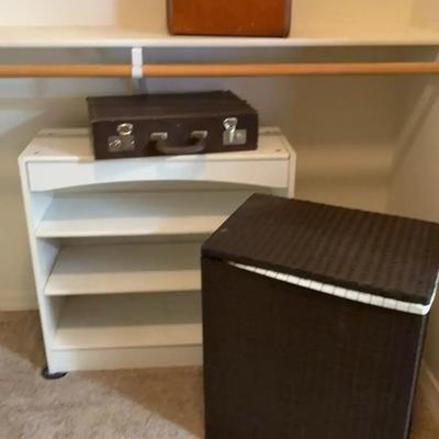 Vintage Samsonite Train Case + Wicker Hamper + White Bookshelf + Brown Briefcase