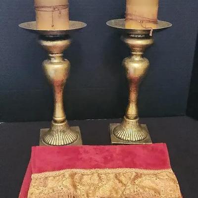 Vintage Decor - (2) Candlesticks, Candles, And Maroon & Gold Decorative Towel