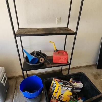 Black Metal Garage Storage Shelves / Rack & Tub Full Of Various Garage / Household Items
