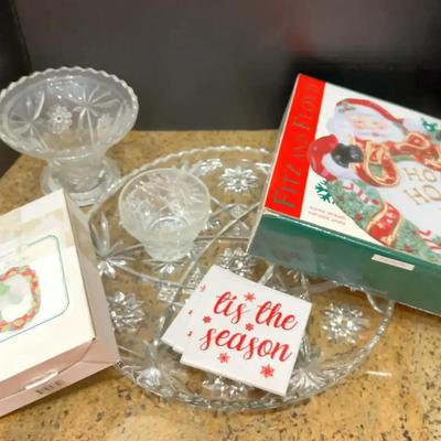 Christmas Entertaining - Fitz & Floyd Santa Platter, Holly Set, Crystal Platter, Holiday Coasters 
