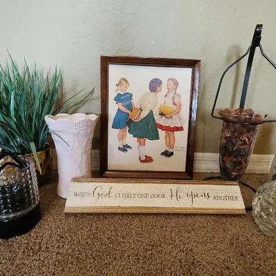 Collection Of Living Room Decor - Normal Rockwell Print, Religious Sign, Rainy Day Bank, Faux Plant 