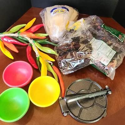 Fiesta! Metal Tortilla Press, Tamale Fixins Kit with Colorful Salsa Bowls, Decorative Hanging Chili