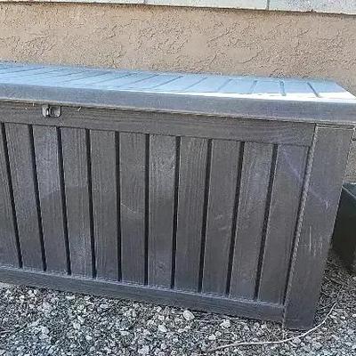 Large Outdoor Storage Box Full Of Cushions With (2) Planters