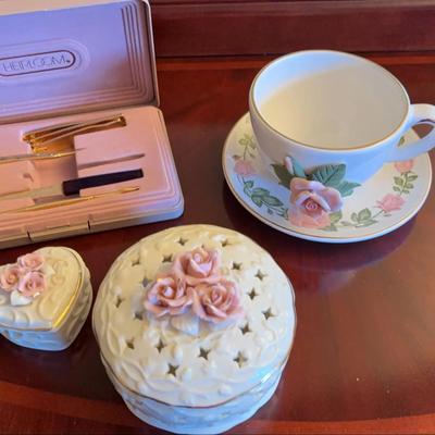 Pink Rose Trinket Boxes, Teacup & Saucer, Heirloom Manicure Kit