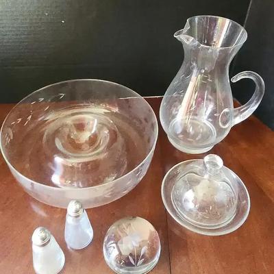 Crystal Etched Clear Glass Serving Bowl, Glass Pitcher, Small Dish, Salt & Pepper, and Decor Piece