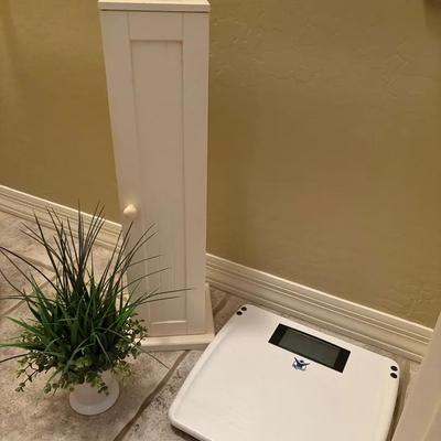 White Wooden Toilet Paper Holder / Storage Cabinet, Taylor Biggest Loser Scale & White Pot