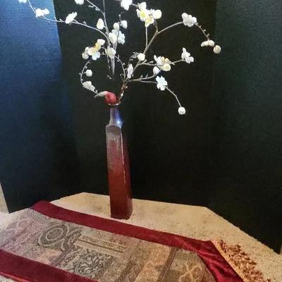 Velvet Turkish Style Table Runner With Tall Vase And Flowers, And Square Framed Mirror