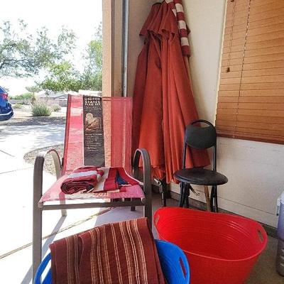 Red 7 Ft Patio Umbrellas (2), US Flags (2) & Set, Tubs, Table Runners, & More