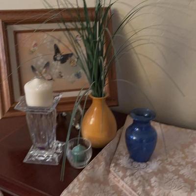 Framed Butterfly Painting, Candlestick, Vases, Table Runner, Greenery