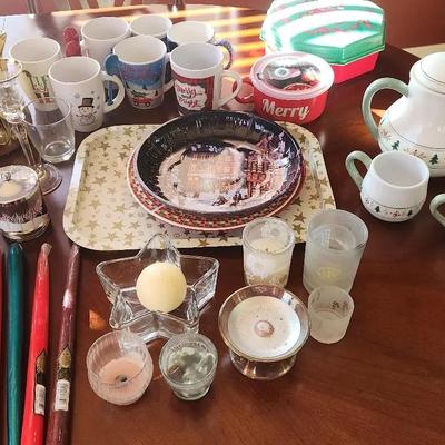 Christmas in the Kitchen - Mugs, Serving Platters, Tea Pot And Mugs, Gold Pitcher, Candles