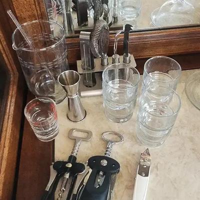 Bar Tools And Glassware - 6 Small Tasting Glasses, Mixing Jar, Corkscrews & Jigger
