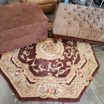 Set Of 2 Plush Ottomans & Octagon Rug, Browns