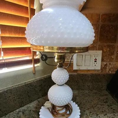 White Milk Glass Hobnail Hurricane Lamp - Electric 