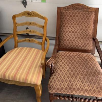Vintage Accent Chairs - 2 Wooden Hand Painted & Upholstered Chairs