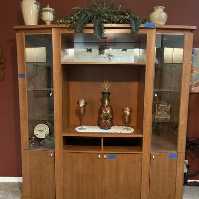 Wooden Entertainment Center With Glass Displays, Shelves & Mirrors - Lights Up