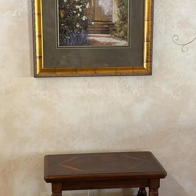 Framed "Doorway" Print With Gold Toned Frame And Entry Dark Wood Hall Table
