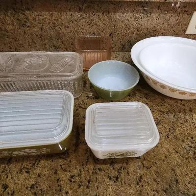 (2) Lidded Pyrex "Crazy Daisy" Refrigerator Glass, Corelle Butterfly Gold Bowl Set, & More!