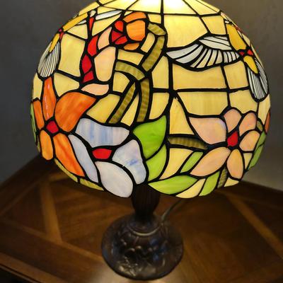 Tiffany Style Lamp With Hummingbirds & Floral Design - Yellow & Spring Colors 