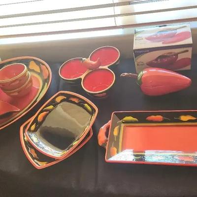Brightly Colored Jalapeño Ceramic Entertainment Dishes - Includes Salsa Bowls & Condiment Server