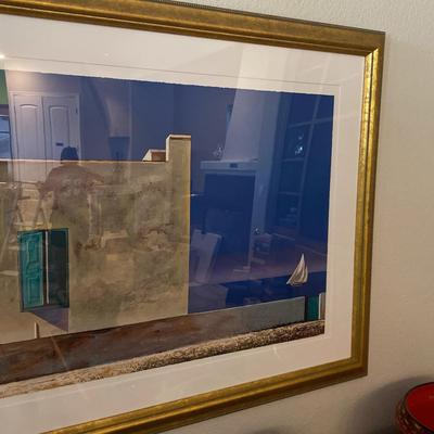 Gold Frame Print  Art - Ocean View Picture of Green Shutters Cream Bungalow 