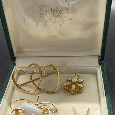 Women’s Opal And Gold Tone Pins, Necklace, And Earrings