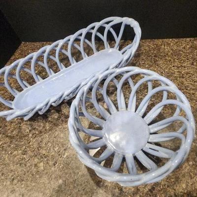 2 Piece - Vintage Slate Blue Ceramic Braided Basket And Bowl  