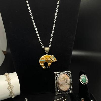 Southwestern Silver Jewelry: SS Bear Pendant, Dreamcatcher & Kokopelli Earrings, Filigree Bracelet 