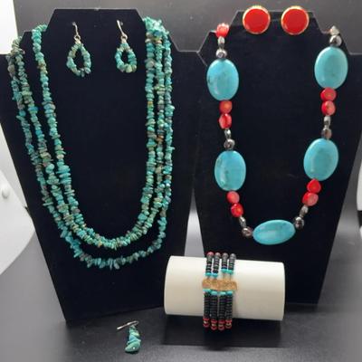 Southwestern Turquiose Multi-Strand w/Earrings, Turquoise & Coral Statement Necklace, Bracelet