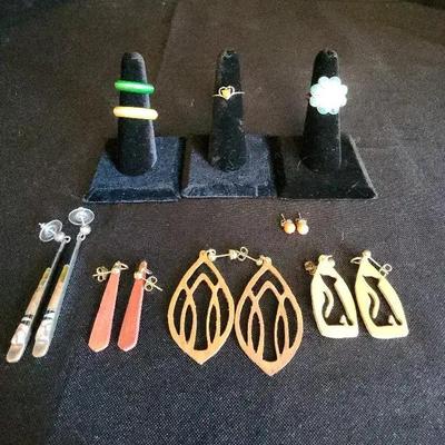 Miscellaneous Wood & Stone Rings And Earrings - Cutout Studs, Dangles, Cats, Pink