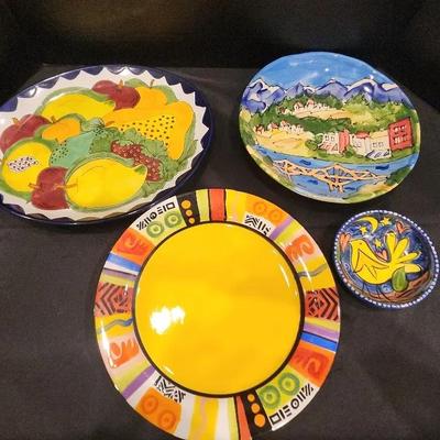 Set Of 4 Decorative Plates - Hand Painted Bright Yellow, Striped, Farmhouse and Chicken Pictures