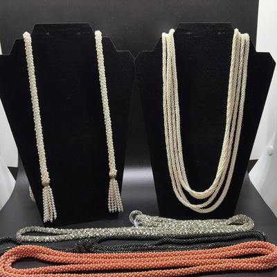 Lariat Necklaces - Pearl Tassel, Gray & Clear Beaded + Beaded Rope Necklaces - Coral & White (2)