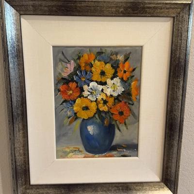 Beautiful Art - Blue Floral Vase Painting Picture Framed - Fabric Mat, No Glass