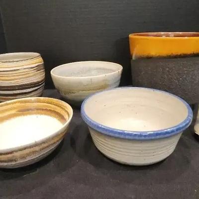 6 Beautiful Hand Crafted Clay Pottery Bowls & Cup - Striped Clay in Muted Colors