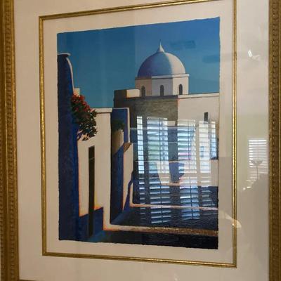 Greece Scene - White houses with Bight Blue Water Framed Signed Art Picture