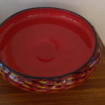 Vintage Studio Art Glass Bowl - Red with Black & Yellow Accents