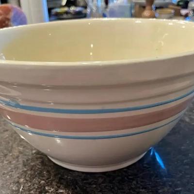Vintage McCoy Pottery Large Mixing Bowl Pink / Blue Stripe Retro Oven Ware
