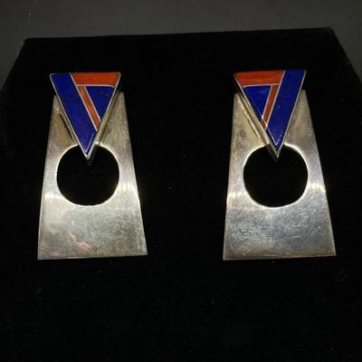 Vintage Sterling Dangle Earring with Red & Blue Stone Triangle