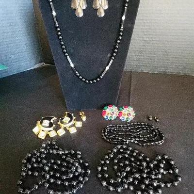 Gorgeous Clip On Earrings, Hook Earrings, Black Bead Necklaces 
