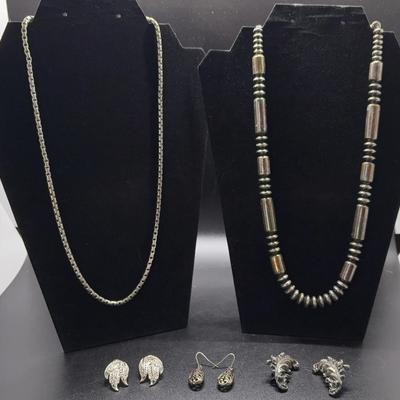 Navajo Pearl Sterling Silver Necklace, Box Chain + 3 Pair Earrings