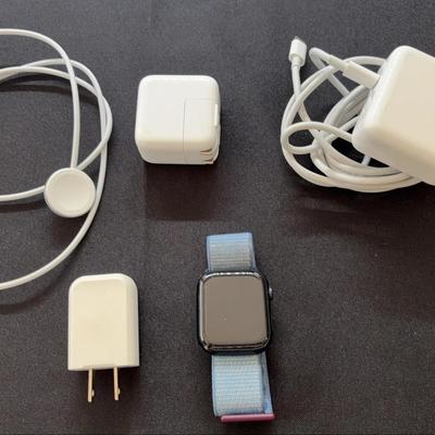 Apple Watch Series 5 on Light Blue Nylon Band + Chargers 