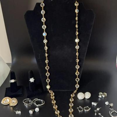 Sparkly Women’s Jewelry - Big Stud Earrings, Rings, And A Necklace - Costume Excellence