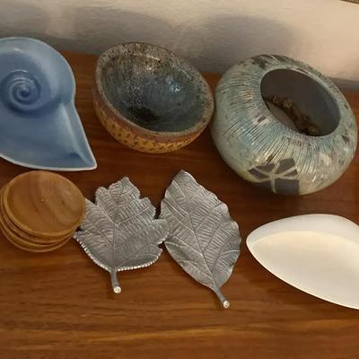 Living Room Decor - Large Silver Leaves, Pottery Pieces & Nautilus Shell