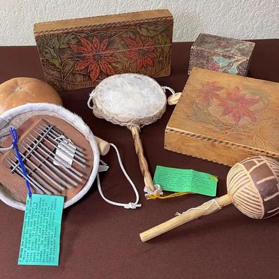 Unique Folk Art and Musical Instrument Collection (Kalimba, Gourd Shakers, and Carved Boxes)