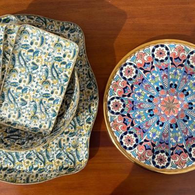 VINTAGE Art Tece Spain Cuerda Seca Plate 12" Hand Painted 24K Gold & MCM Viking Japan Paisley Trays