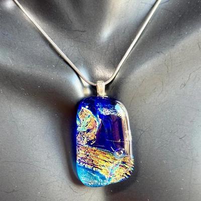 Dichroic Fused Glass Pendant in Shades of Blue on Sterling Silver Chain.