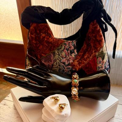 Multicolored Velvet Patchwork Purse with Rhinestone Gold-Tone Bracelet and Clip-On Ball Earrings